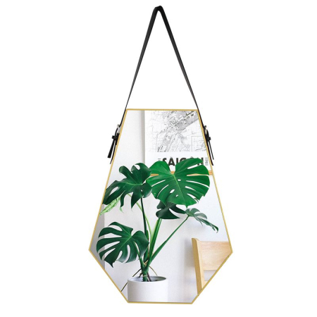 DECORATIUNI - Oglindă hexagonală HB81-66, metal aurie cu curea neagră, 66×49 cm
