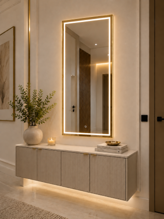 Oglinzi - Oglindă LED 098/1 cu Ramă din Aluminiu Aurie și Iluminare LED Integrată – 120 × 70 cm / 170 × 70 cm