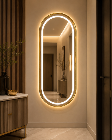 Oglinzi - Oglindă LED Ovală 120x70 cm cu Ramă Aurie din Aluminiu și Senzor Touch Model 098/16