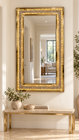 Oglinzi - Oglindă de perete AF 199, 140×80 cm, LED și ștrasuri, auriu/argintiu