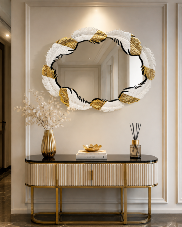Oglinzi - Oglindă ovală decorativă 16471 – ramă artistică cu pene albe și accente aurii, 85x65 cm
