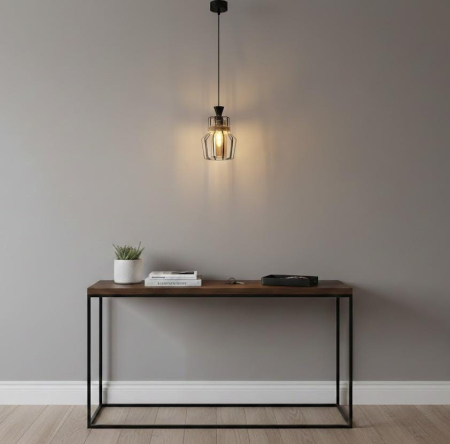 PENDULE - Pendul 3076/1, abajur sticlă aurie, cadru metal negru cu sfoară, cablu reglabil, design versatil