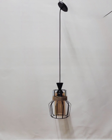 Pendul 3076/1, abajur sticlă aurie, cadru metal negru cu sfoară, cablu reglabil, design versatil [1]