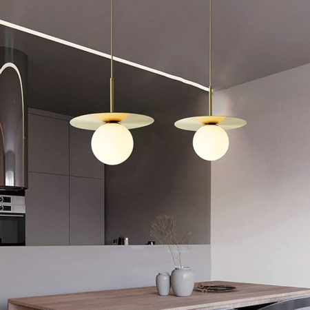 PENDULE - Pendul 3809, metal auriu sau crom, glob sticlă albă mată, disc metalic, cablu 100 cm