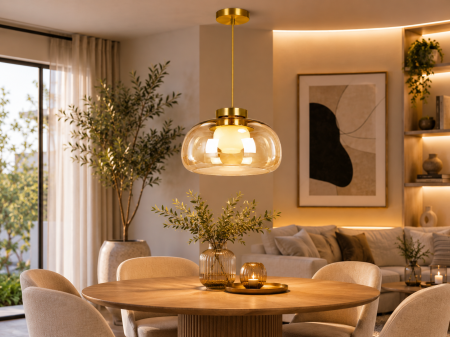 Lustre - Pendul Modern 2621/1 din Sticlă Amber cu Glob Opal și Structură Metalică Auriu Satinat Ø32 cm