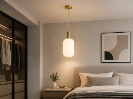 PENDULE - Pendul Suspendat Modern 2622 Auriu cu Abajur din Sticlă Opală Canelată – Variante A, B și C