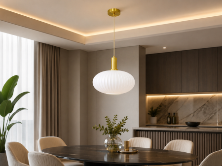 Pendule - Pendul Suspendat Modern 2622 Auriu cu Abajur din Sticlă Opală Canelată – Variante A, B și C
