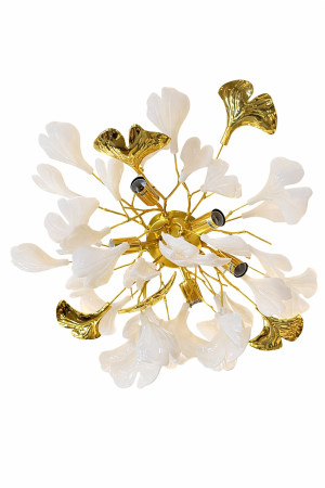 APLICE SI PLAFONIERE - Plafonieră decorativă 9080/D500, 6xE14, metal auriu cu frunze albe, Ø50 cm