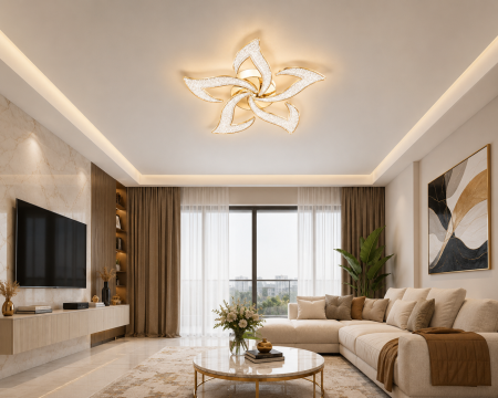 Aplice și plafoniere - Plafonieră LED 3101/5 120W Aurie cu Telecomandă și Design Floral