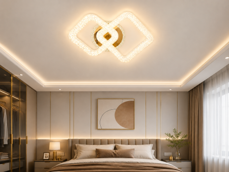 Aplice și plafoniere - Plafonieră LED 3112-1+1 Aurie 120W cu Telecomandă Metal și Acril Design Pătrat