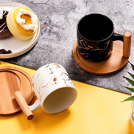 DECORATIUNI - Set 2 cani de cafea cu tavita din lemn 200 ml