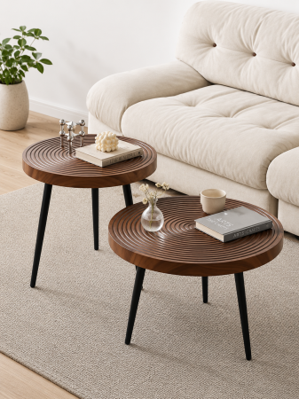 MOBILIER - Set Măsuțe Cafea YM093 Rotunde Aspect Lemn și Metal Negru