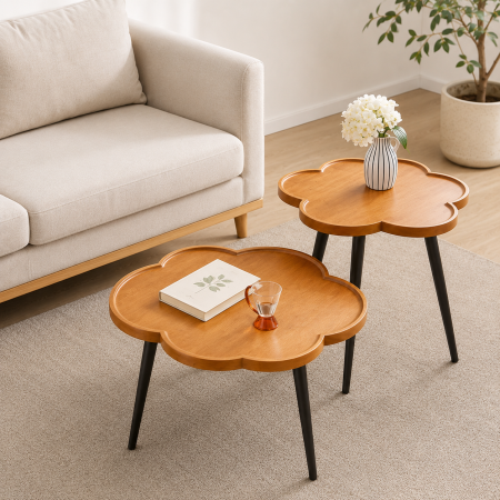MOBILIER - Set Măsuțe Cafea YM116 Design Floral Aspect Lemn Maro și Metal Negru
