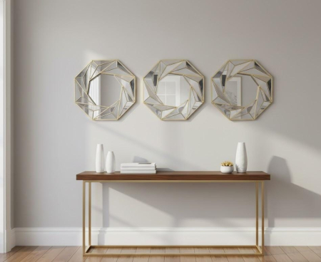 OGLINZI - Set 3 oglinzi octogonale, 2021-11, ramă aurie, design geometric, 23 cm