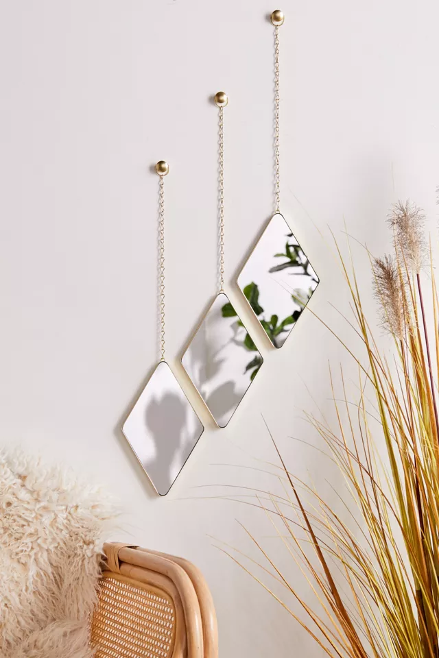 DECORATIUNI - Set 3 oglinzi romb suspendate LX3, ramă metalică aurie, 27×17 cm