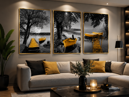 TABLOURI - Set 3 Tablouri Lac cu Bărci și Ponton 50x70 cm Ramă Aurie