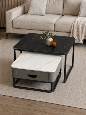 MOBILIER - Set măsuțe cafea 2507, design modern marmură alb-negru, cadru metalic, 80x82 cm
