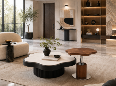 Măsuțe de cafea - Set măsuțe cafea Model 231 cu design floral din lemn alb, negru și nuc