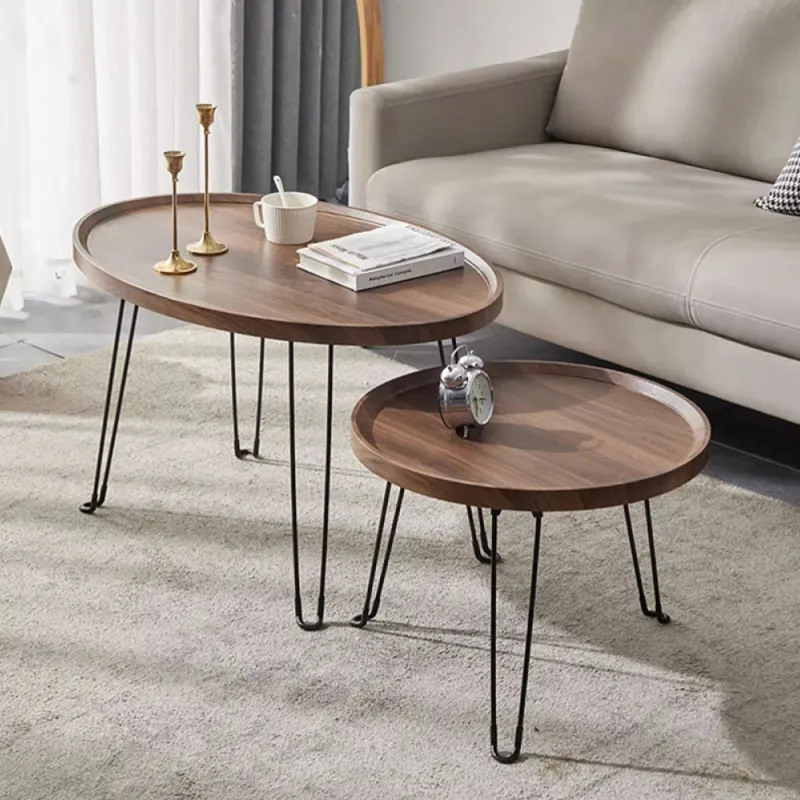 MOBILIER - Set Măsuțe Cafea YM070 Aspect Lemn Maro cu Picioare Metalice Negre