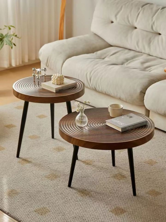 MOBILIER - Set măsuțe YM093 – design rotund, lemn maro cu model & picioare metalice negre