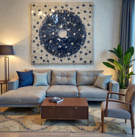 TABLOURI - Tablou Decorativ 3D Fluturi 63348, Artă pe Hârtie, Ramă Acril Transparentă, Formă Pătrată, 100x100 cm