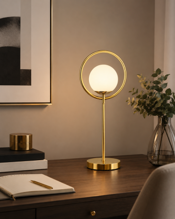 VEIOZE SI LAMPADARE - Veioză Modernă 2405 T GD Auriu cu Glob Alb Mat – E27, H53 cm