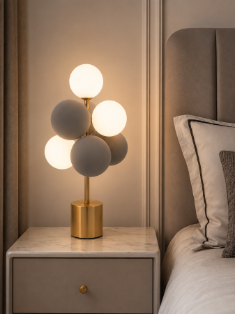 Veioze și lampadare - Veioză 8523/3+4 Metal Auriu cu 7 Globuri Decorative Alb și Gri