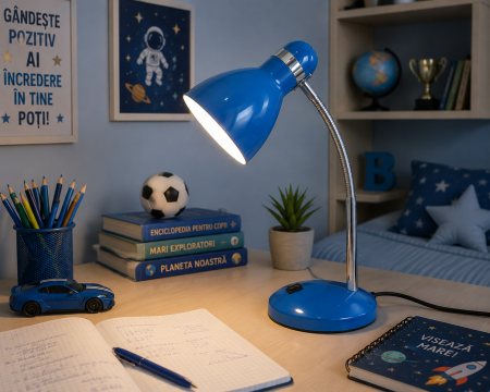 VEIOZE SI LAMPADARE - Veioză Birou 960 metalică E27, flexibilă, alb/negru/albastru, 36 cm – design modern minimalist
