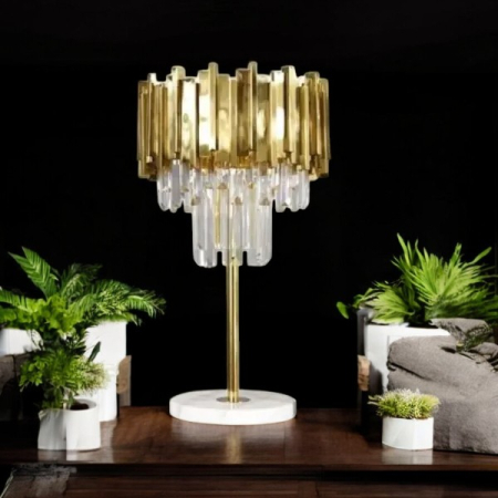 VEIOZE SI LAMPADARE - Veioză decorativă 3315/3350 aurie cu cristale K9 și bază din marmură, stil modern