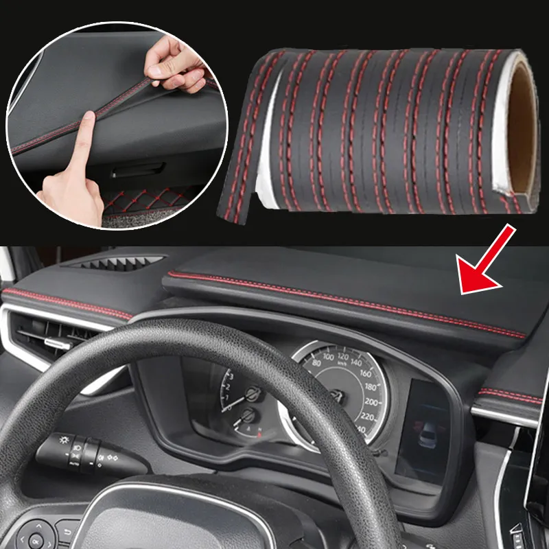 Banda decorativa pentru interiorul vehiculului, lungime 2m, din piele ecologica, culoare Neagra + cusatura Rosie [1]