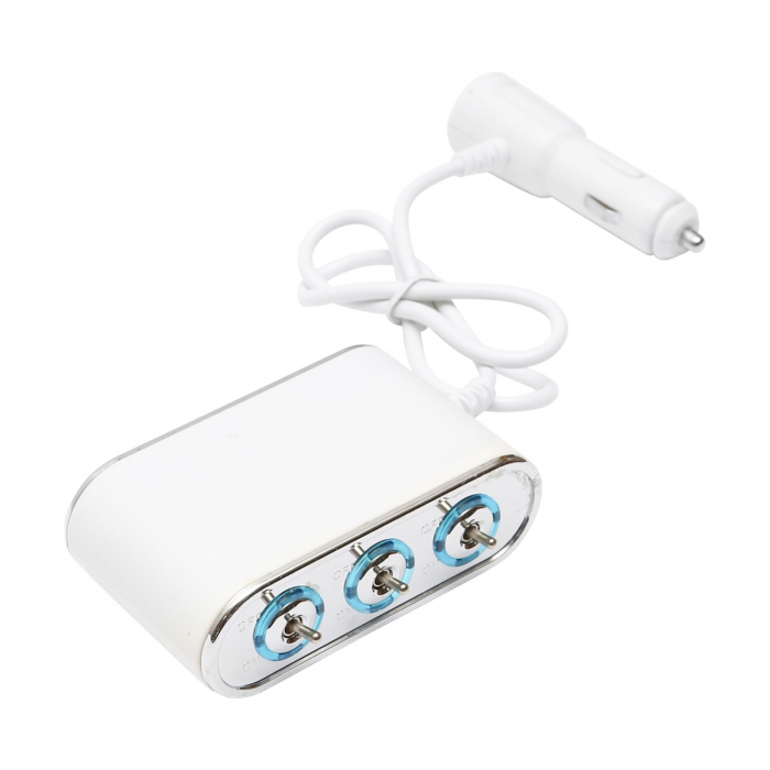 Adaptor bricheta auto tripla 12/24V, iluminata LED, cu intrerupator individual si 1 port USB, 5V, 2.1A [1]