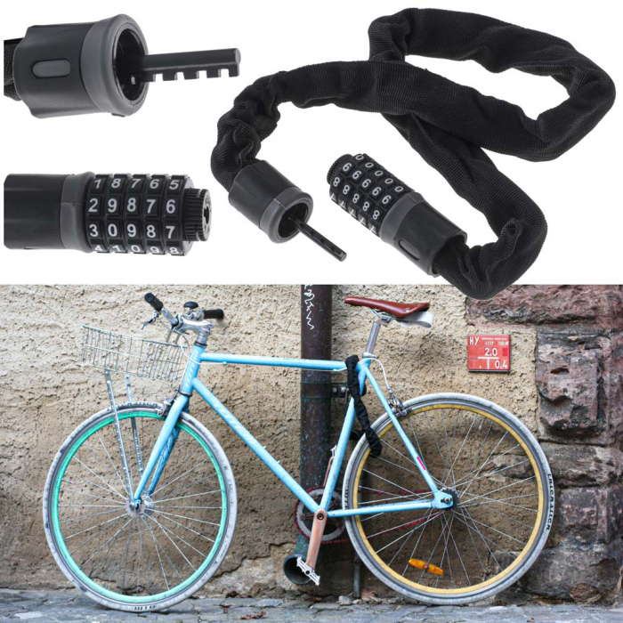 Antifurt bicicleta, Dispozitiv de blocare biciclete, Cifru cu 5 digits, lungime 90cm, culoare Neagra [2]