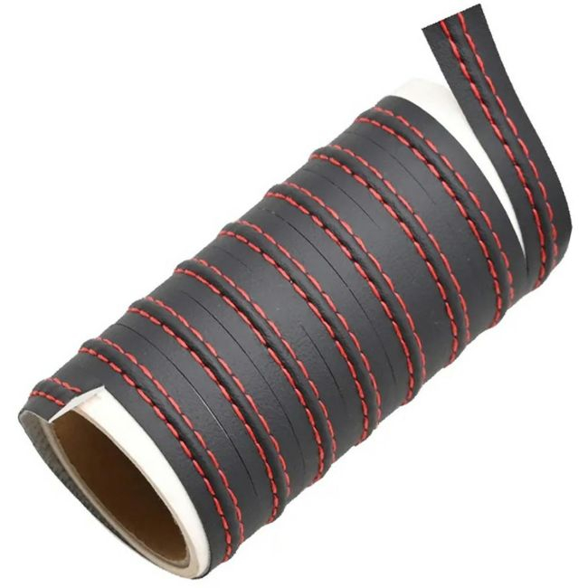 Banda decorativa pentru interiorul vehiculului, lungime 2m, din piele ecologica, culoare Neagra + cusatura Rosie [2]