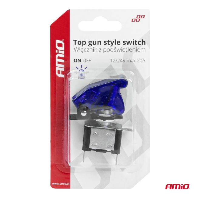 Comutator iluminat (intrerupator) cu protectie, destinatie auto, moto, ATV, SSV, Off-Road, model "TOP GUN", tensiune 12V - 24V, culoare Albastra [2]