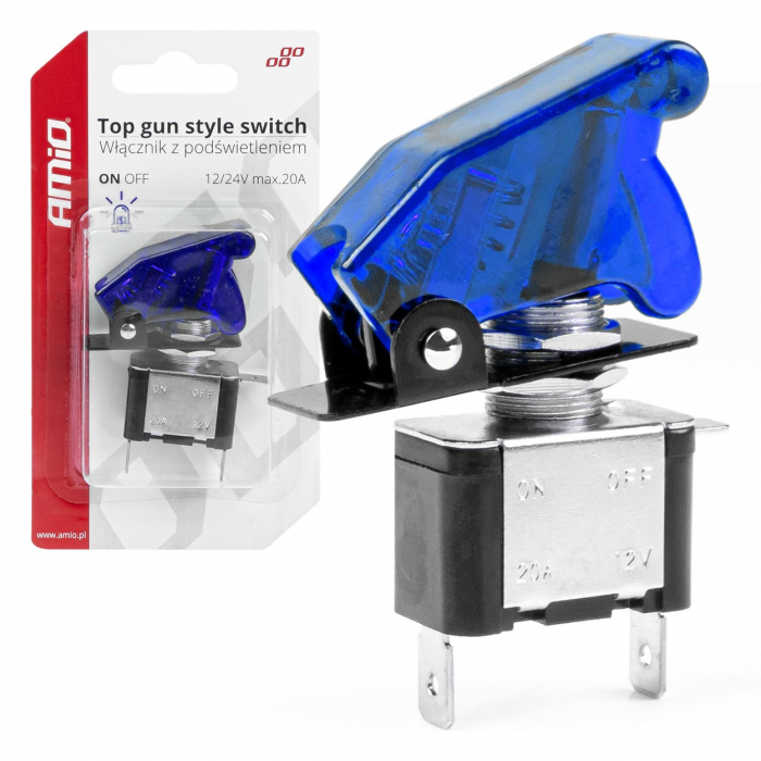 Comutator iluminat (intrerupator) cu protectie, destinatie auto, moto, ATV, SSV, Off-Road, model "TOP GUN", tensiune 12V - 24V, culoare Albastra [5]