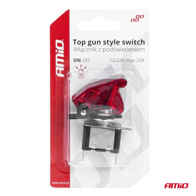 Comutator iluminat (intrerupator) cu protectie, destinatie auto, moto, ATV, SSV, Off-Road, model "TOP GUN", tensiune 12V - 24V, culoare Rosie [5]