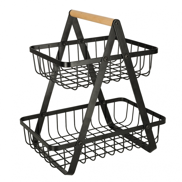 Cos de fructe cu doua etaje, pliabil, lemn + metal, culoare neagra [4]