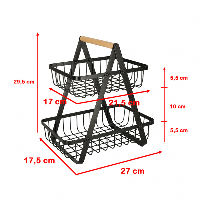 Cos de fructe cu doua etaje, pliabil, lemn + metal, culoare neagra [3]