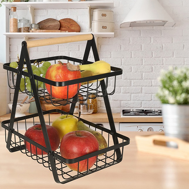 Cos de fructe cu doua etaje, pliabil, lemn + metal, culoare neagra [1]
