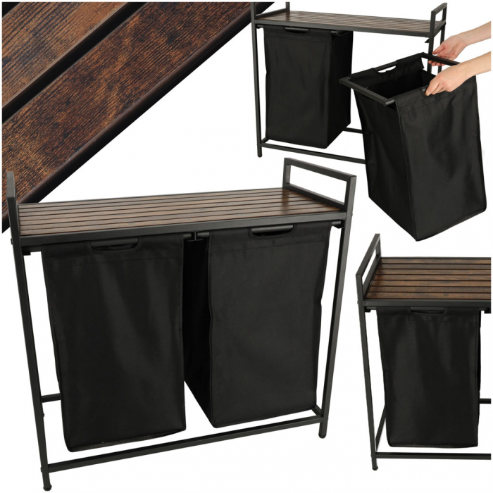 Cos mare de rufe cu doua compartimente, cu raft si blat din lemn, model LOFT, culoare neagra [1]
