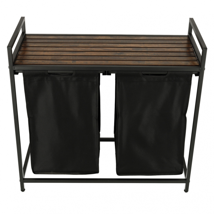 Cos mare de rufe cu doua compartimente, cu raft si blat din lemn, model LOFT, culoare neagra [4]