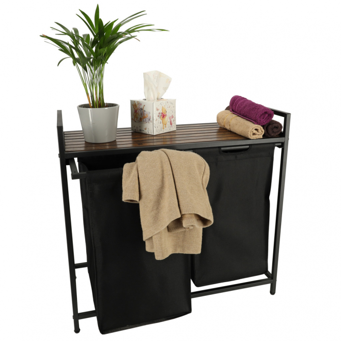 Cos mare de rufe cu doua compartimente, cu raft si blat din lemn, model LOFT, culoare neagra [2]