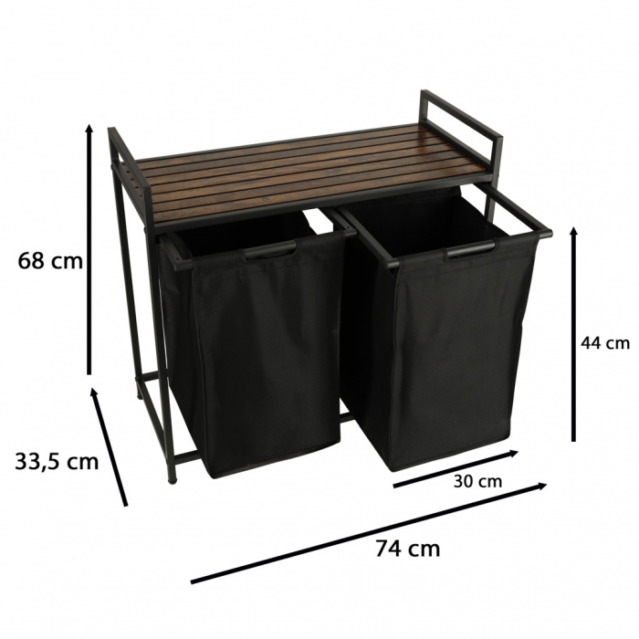 Cos mare de rufe cu doua compartimente, cu raft si blat din lemn, model LOFT, culoare neagra [6]