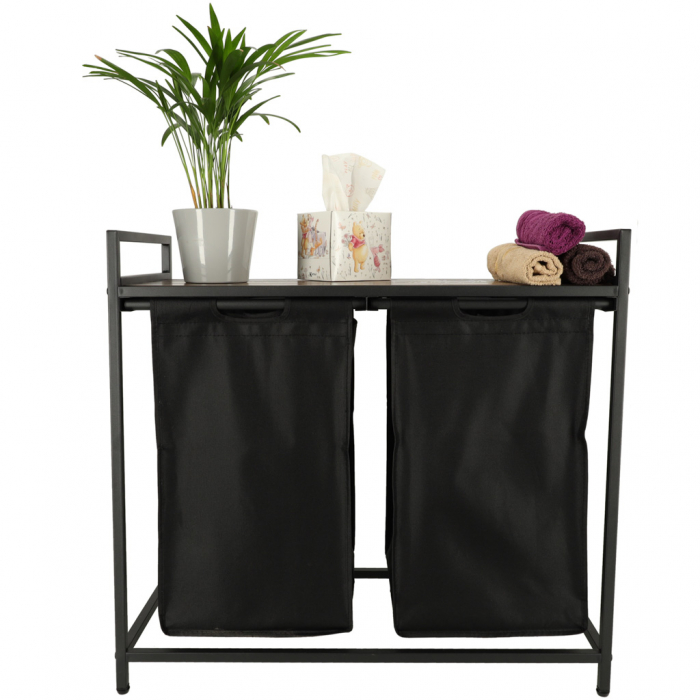 Cos mare de rufe cu doua compartimente, cu raft si blat din lemn, model LOFT, culoare neagra [3]