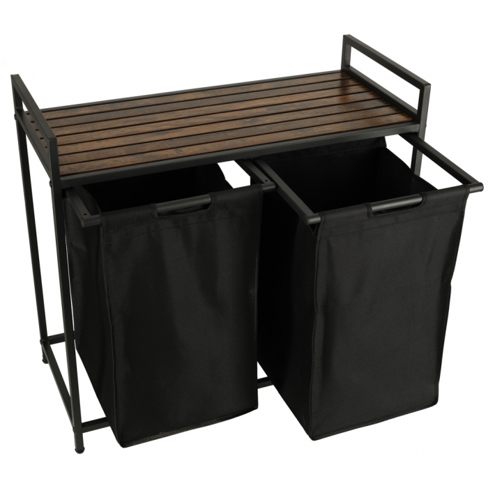 Cos mare de rufe cu doua compartimente, cu raft si blat din lemn, model LOFT, culoare neagra [5]