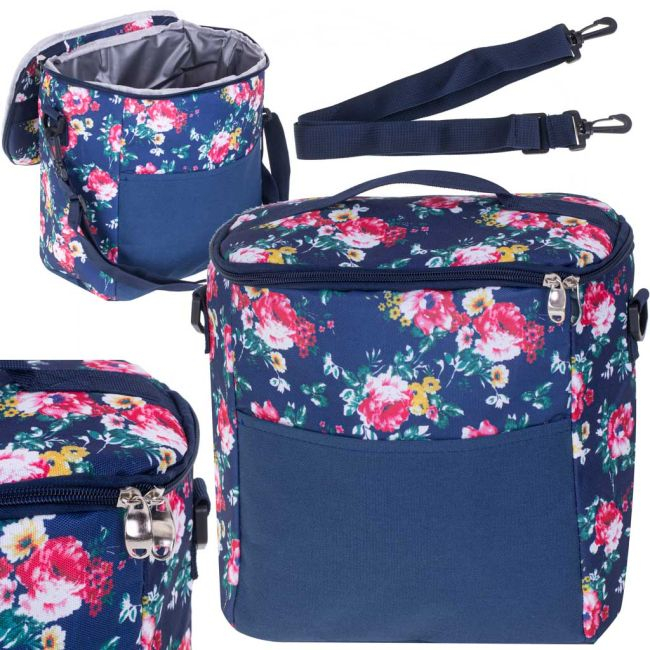 Geanta termoizolanta pentru picnic sau plaja, capacitate 11l, culoare Albastra cu flori [7]
