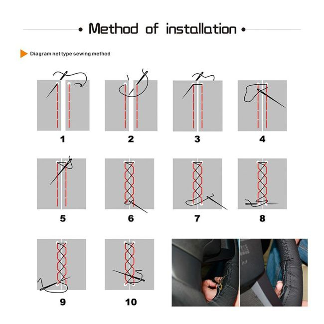 Husa volan din PIELE NATURALA CU DOUA DUNGI ROSII, pentru autoturisme, diametru 37 - 39 cm, cu ac si ata (se coase, aspect ORIGINAL) [5]