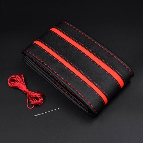 Husa volan din PIELE NATURALA CU DOUA DUNGI ROSII, pentru autoturisme, diametru 37 - 39 cm, cu ac si ata (se coase, aspect ORIGINAL) [1]