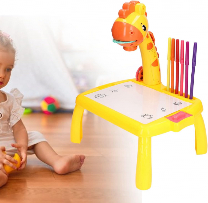 Masa Muzicala de Desen pentru copii cu Proiector, model Girafa, culoare Galben, 24 imagini, AVX-WT-222-2-YELLOW-GIRAFFE [1]