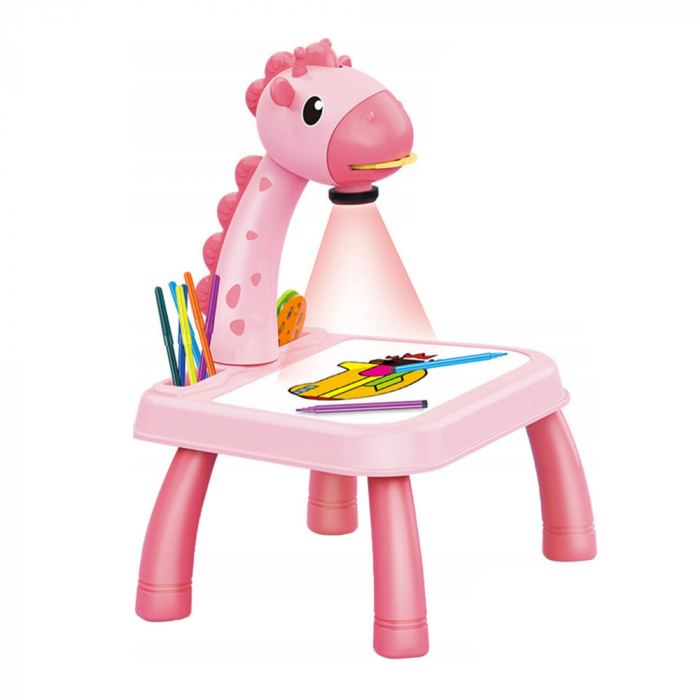 Masa Muzicala de Desen pentru copii cu Proiector, model Girafa, culoare Roz, 24 imagini, AVX-WT-222-2-PINK-GIRAFFE [1]